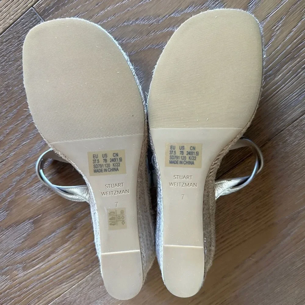 STUART WEITZMAN Twisted Espadrille Slide Sandal Platino Metallic Size 7 NEW